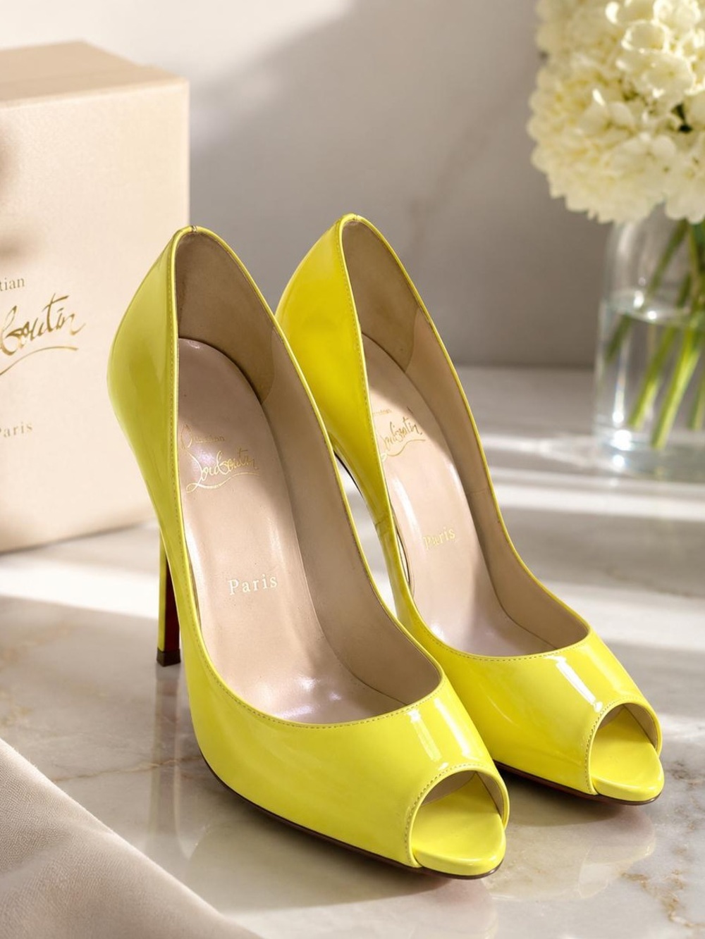 Christian Louboutin Yellow Patent Peep-Toe Pumps used size 37